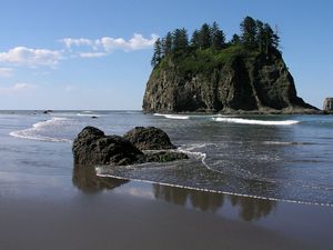 Preview wallpaper stones, rocks, coast, beach, sand, waves, trees, sky