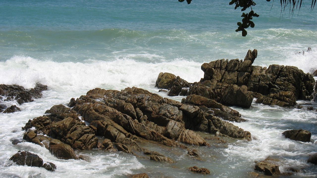 Wallpaper stones, rocks, coast, sea, waves, cuts, branches