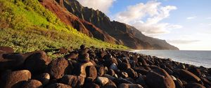 Preview wallpaper stones, rocks, reservoir, coast, boulders, sun