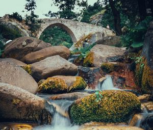 Preview wallpaper stones, rocks, river, bridge, water