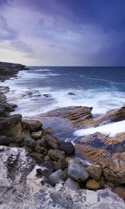 Preview wallpaper stones, rocks, sea, surf, horizon