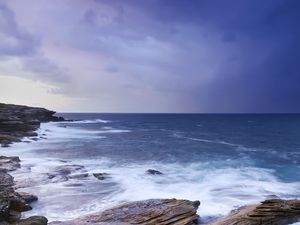 Preview wallpaper stones, rocks, sea, surf, horizon