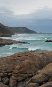 Preview wallpaper stones, rocks, sea, coast, horizon, waves