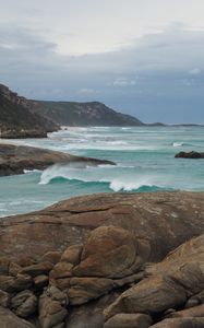 Preview wallpaper stones, rocks, sea, coast, horizon, waves