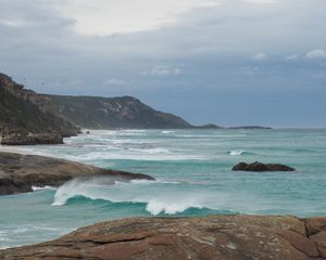 Preview wallpaper stones, rocks, sea, coast, horizon, waves