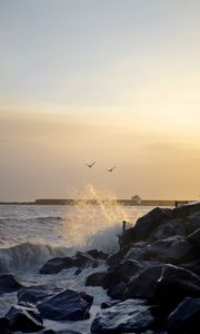 Preview wallpaper stones, rocks, sea, splashes, birds