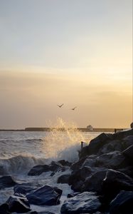 Preview wallpaper stones, rocks, sea, splashes, birds