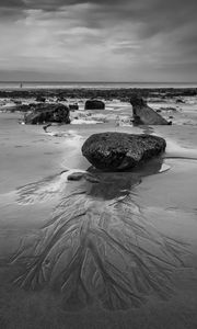 Preview wallpaper stones, sand, sea, bw