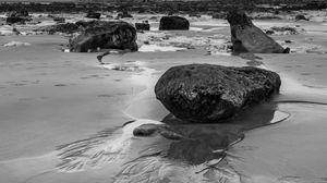 Preview wallpaper stones, sand, sea, bw