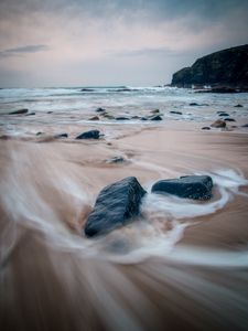 Preview wallpaper stones, sand, waves, shore, sea, landscape