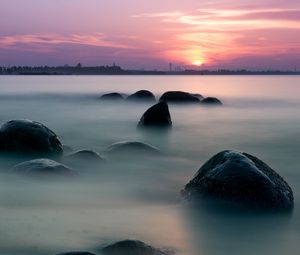 Preview wallpaper stones, sea, fog, sunrise, nature