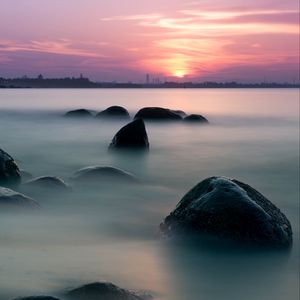 Preview wallpaper stones, sea, fog, sunrise, nature