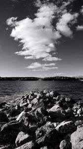 Preview wallpaper stones, sea, hills, nature, black and white