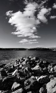 Preview wallpaper stones, sea, hills, nature, black and white