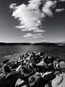 Preview wallpaper stones, sea, hills, nature, black and white