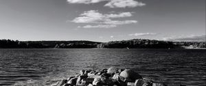Preview wallpaper stones, sea, hills, nature, black and white