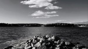 Preview wallpaper stones, sea, hills, nature, black and white