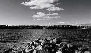 Preview wallpaper stones, sea, hills, nature, black and white
