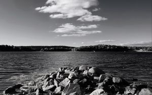 Preview wallpaper stones, sea, hills, nature, black and white
