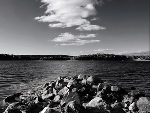 Preview wallpaper stones, sea, hills, nature, black and white