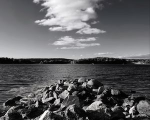 Preview wallpaper stones, sea, hills, nature, black and white