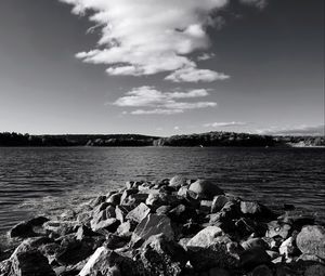 Preview wallpaper stones, sea, hills, nature, black and white