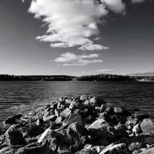 Preview wallpaper stones, sea, hills, nature, black and white