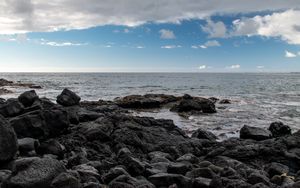 Preview wallpaper stones, sea, horizon, landscape, nature, sky