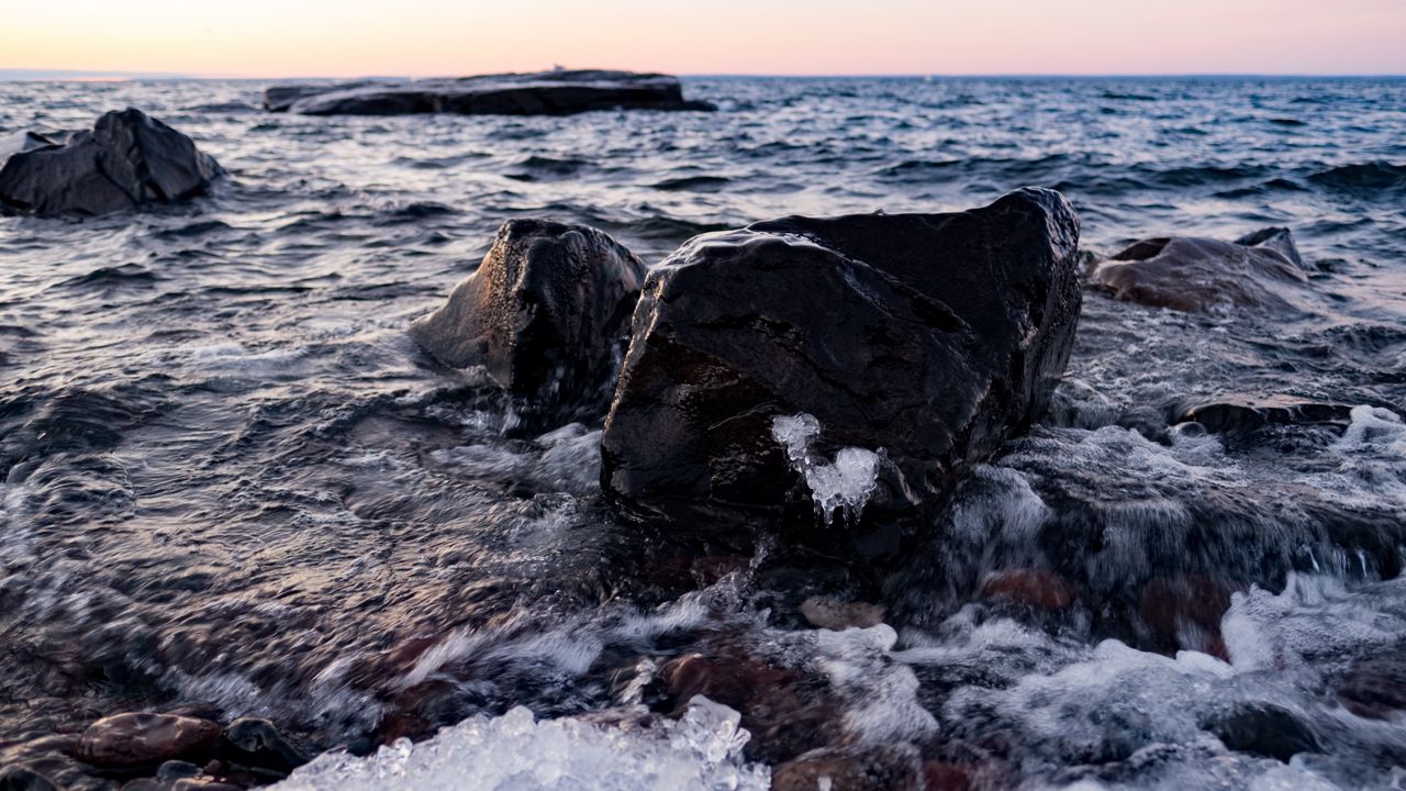 Wallpaper stones, sea, horizon, ice, coast