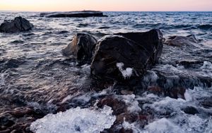 Preview wallpaper stones, sea, horizon, ice, coast