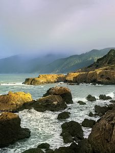 Preview wallpaper stones, sea, landscape, nature, fog