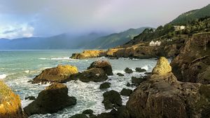 Preview wallpaper stones, sea, landscape, nature, fog