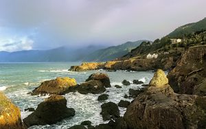 Preview wallpaper stones, sea, landscape, nature, fog