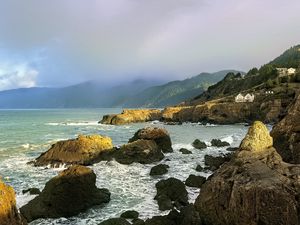 Preview wallpaper stones, sea, landscape, nature, fog