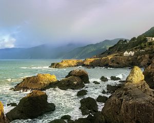 Preview wallpaper stones, sea, landscape, nature, fog