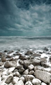 Preview wallpaper stones, sea, landscape, coast, gloomy