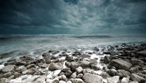 Preview wallpaper stones, sea, landscape, coast, gloomy