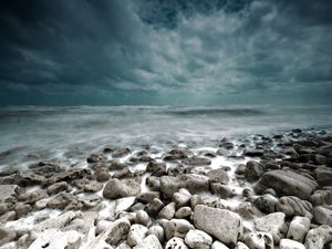 Preview wallpaper stones, sea, landscape, coast, gloomy