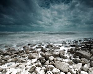 Preview wallpaper stones, sea, landscape, coast, gloomy