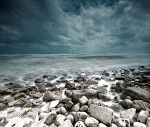 Preview wallpaper stones, sea, landscape, coast, gloomy