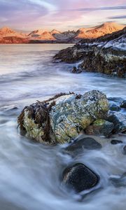 Preview wallpaper stones, sea, mountains, landscape, long exposure, nature