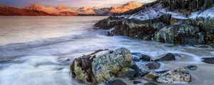 Preview wallpaper stones, sea, mountains, landscape, long exposure, nature