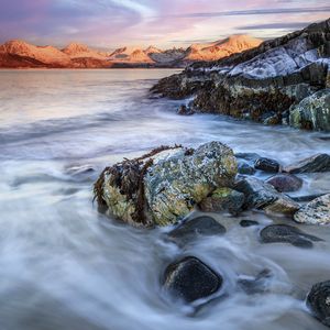 Preview wallpaper stones, sea, mountains, landscape, long exposure, nature