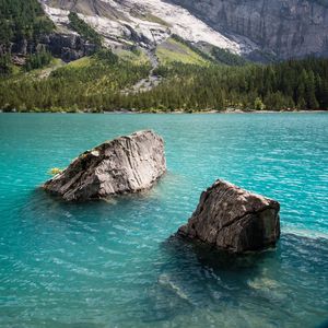 Preview wallpaper stones, sea, mountains, rocks, trees, nature