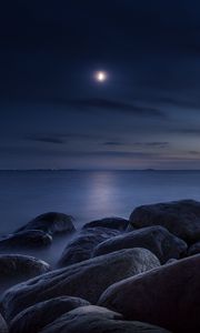 Preview wallpaper stones, sea, night, moon, light