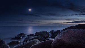 Preview wallpaper stones, sea, night, moon, light