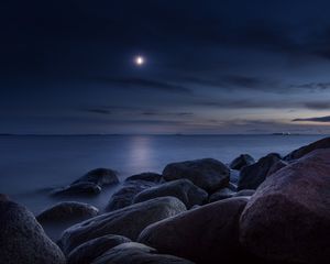 Preview wallpaper stones, sea, night, moon, light