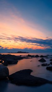 Preview wallpaper stones, sea, sky, evening, coast, mediterranean