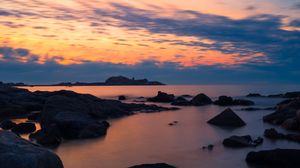 Preview wallpaper stones, sea, sky, evening, coast, mediterranean