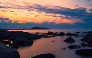 Preview wallpaper stones, sea, sky, evening, coast, mediterranean